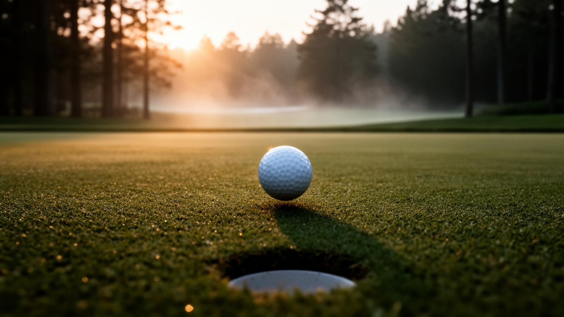 Golf ball at the lip of the cup at golden hour